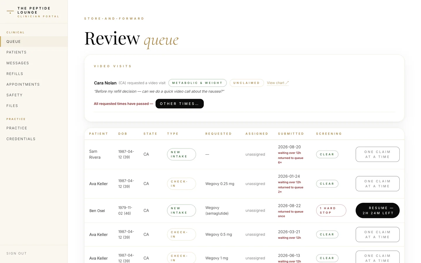 Clinician review queue with state, request type, and screening status