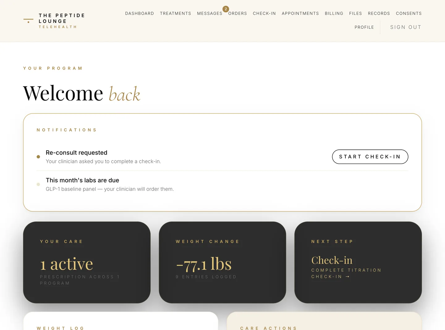 Patient dashboard: active protocol, next dose, open messages, refill status